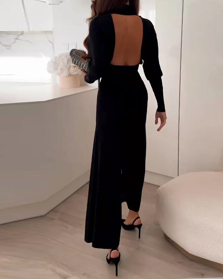 Solid color backless casual jumpsuit