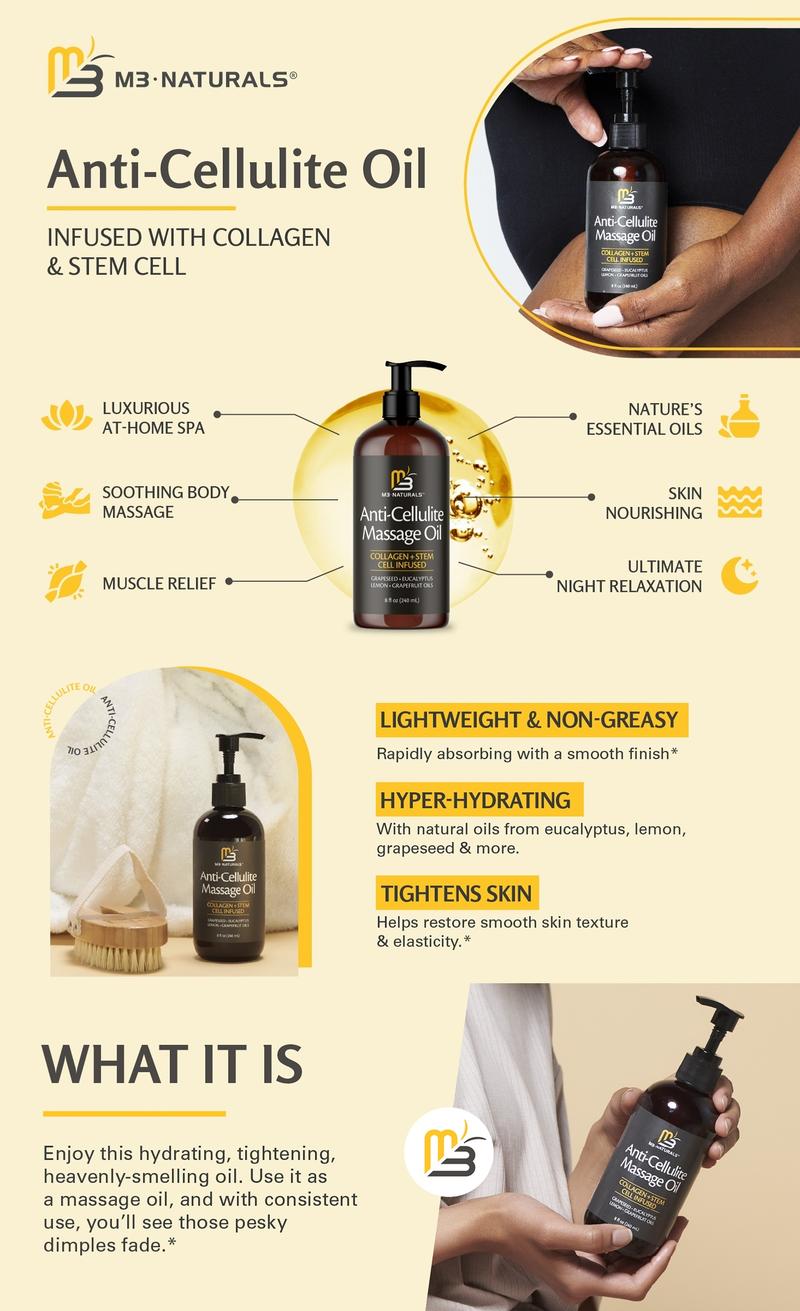 M3 Naturals Cellulite Massage Oil 8oz - Smooth the Appearance of Cellulite - Body Care & Skin Care Massage Oil - Topical Collagen and Plant Stem Cell Body Oil to Restore Texture and Elasticity - Soothing Body Oil