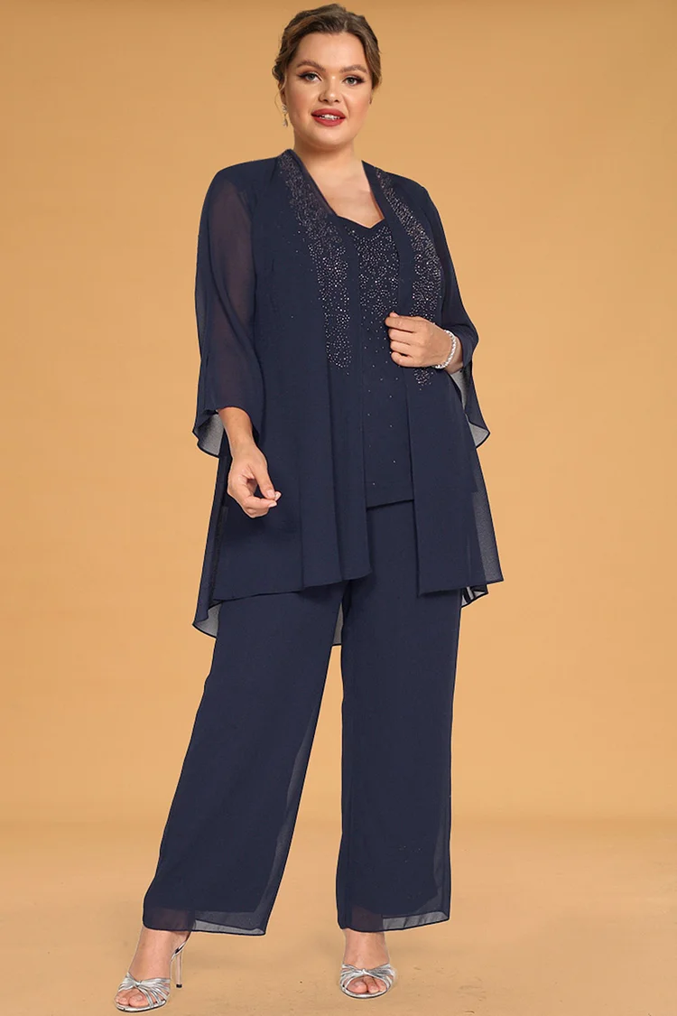 Flycurvy Plus Size Formal Navy Blue Chiffon Hot Drilling Asymmetrical Jacket Three Pieces Pants Suit  Flycurvy [product_label]