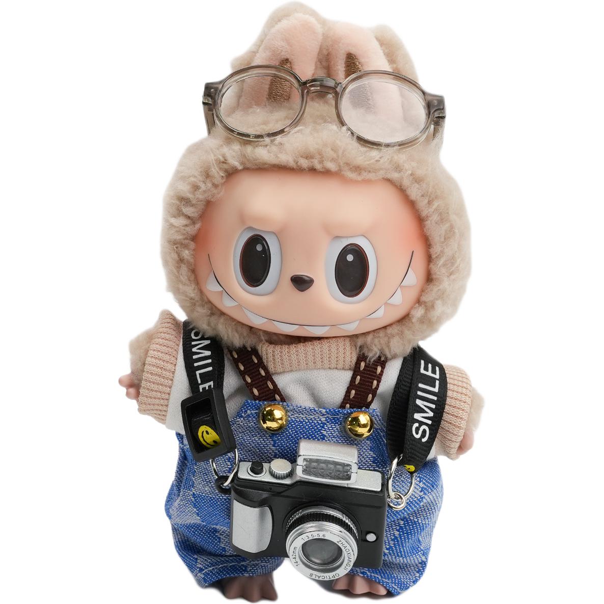 [Modified Doll] POP MART LABUBU THEMONSTERS Heartbeat Macaron Denim Photographer Hang Tag Box 15cm