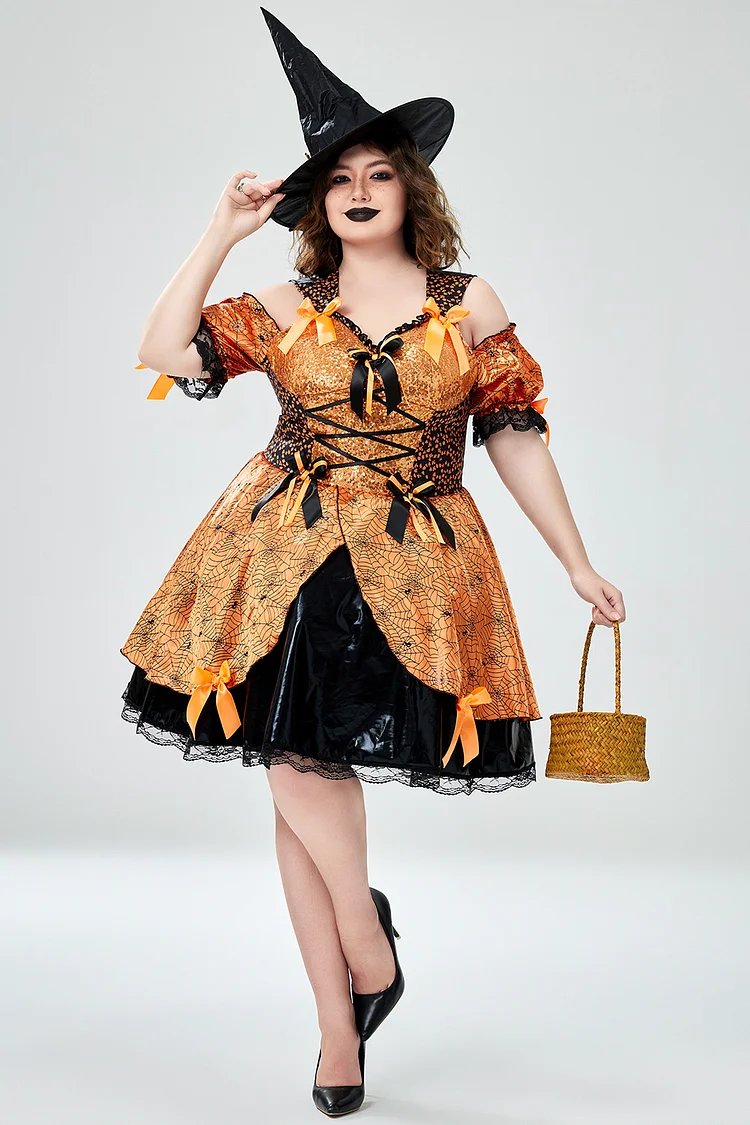 Xpluswear Design Plus Size Halloween Costume Orange Witch Cold Shoulder Mini Dress (With Hat) [Pre-Order]