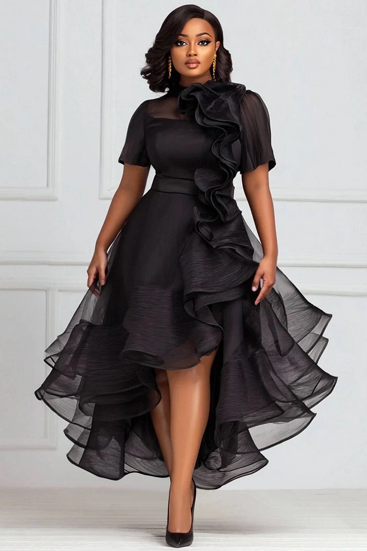 Xpluswear Design Plus Size Cocktail Party Black Round Neck Short Sleeve Ruffle Elegant 3D Organza Maxi Dresses [Pre-Order]