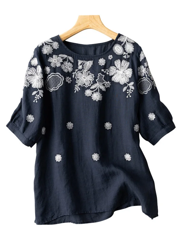 Nostalgic Elegance: Round-Neck Shirts with Vintage Embroidery and Short ...