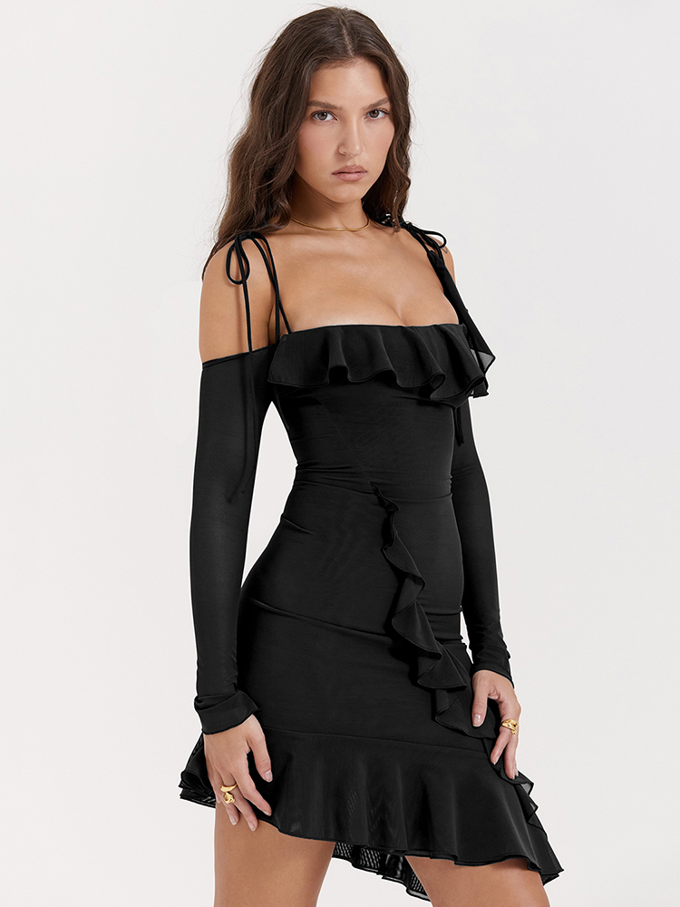 Ootddress Sexy Strap One Line Neck Double Layer Long Sleeve Dress Women's Slim Fit Ruffles Irregular Mini Dress Sweet Party Club