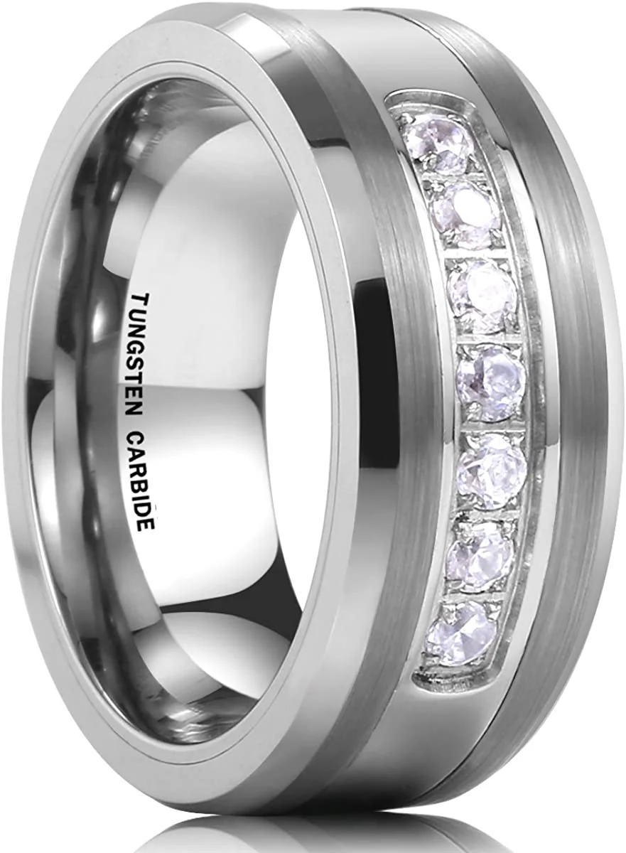 6MM 8MM Mens Tungsten Carbide Rings White Tungsten Carbon Fiber Polished Beveled Edge CZ Stone Channel