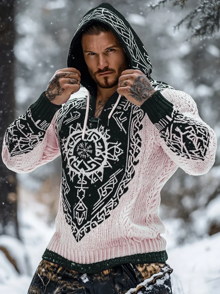 Men's Viking Tribal Jacquard Celtic Inspired Chunky Knit Hooded Sweater