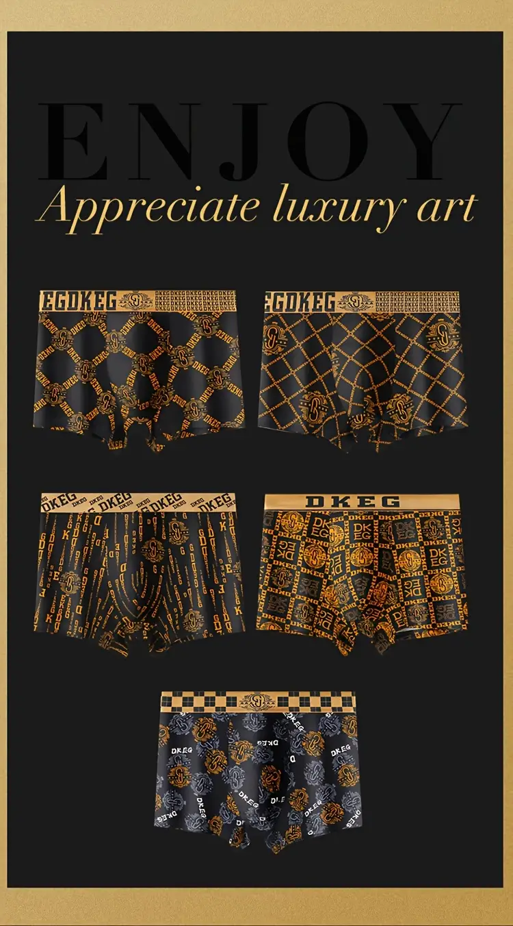 1 5pcs mens luxurious black golden print cotton boxer briefs antibacterial breathable comfy boxer trunks elastic shorts mens casual underwear details 5
