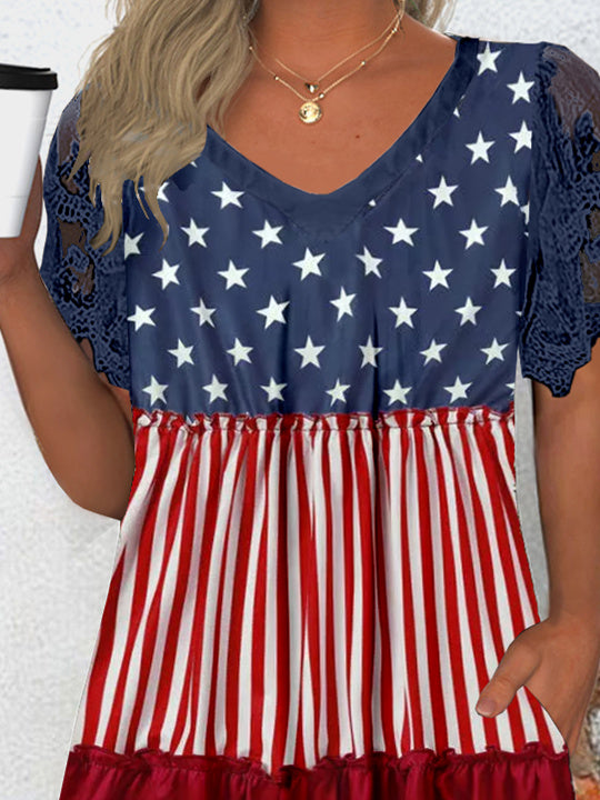 Women's Short Sleeve V-neck Graphic Lace Pockets Tops