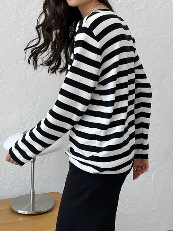 Striped Round Neck Dropped Shoulder Long Sleeve Top main image 1