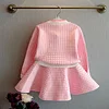 Kid Baby Girl Autumn Plaid Knitted Suit Cardigan Sweater 2 Pcs Sets
