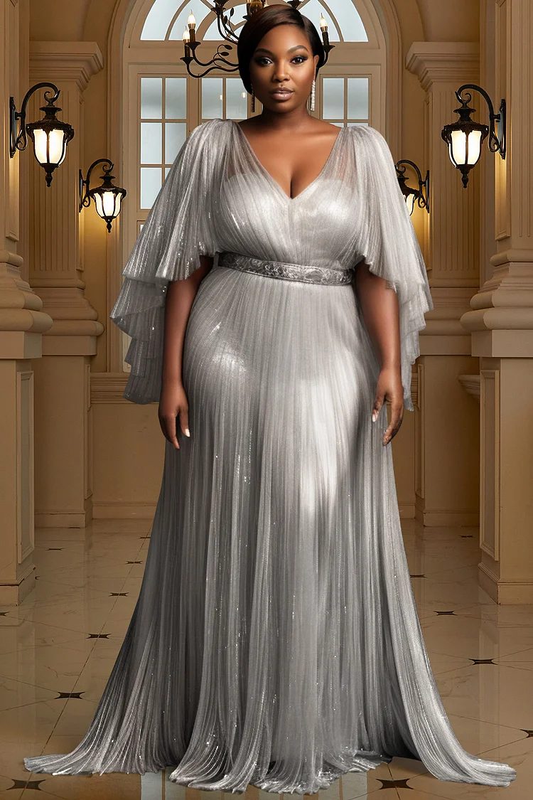 Xpluswear Design Plus Size Formal Silver V Neck Petal Sleeve Ruffle Elegant Tulle Maxi Dresses [Pre-Order] 2024 - Xpluswear