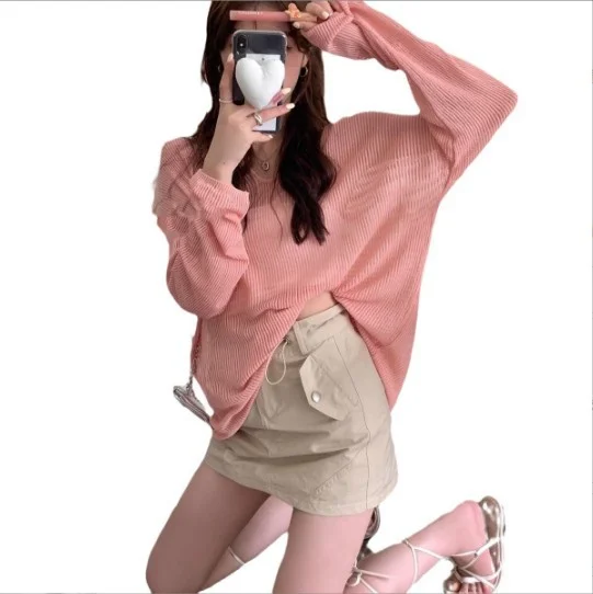 Churchf Churchf New Korean Loose Lazy Wind Long Sleeve Large Version V-Neck Ice Silk Jacket Women's Spring And Summer Thin Hollow Out Sweater