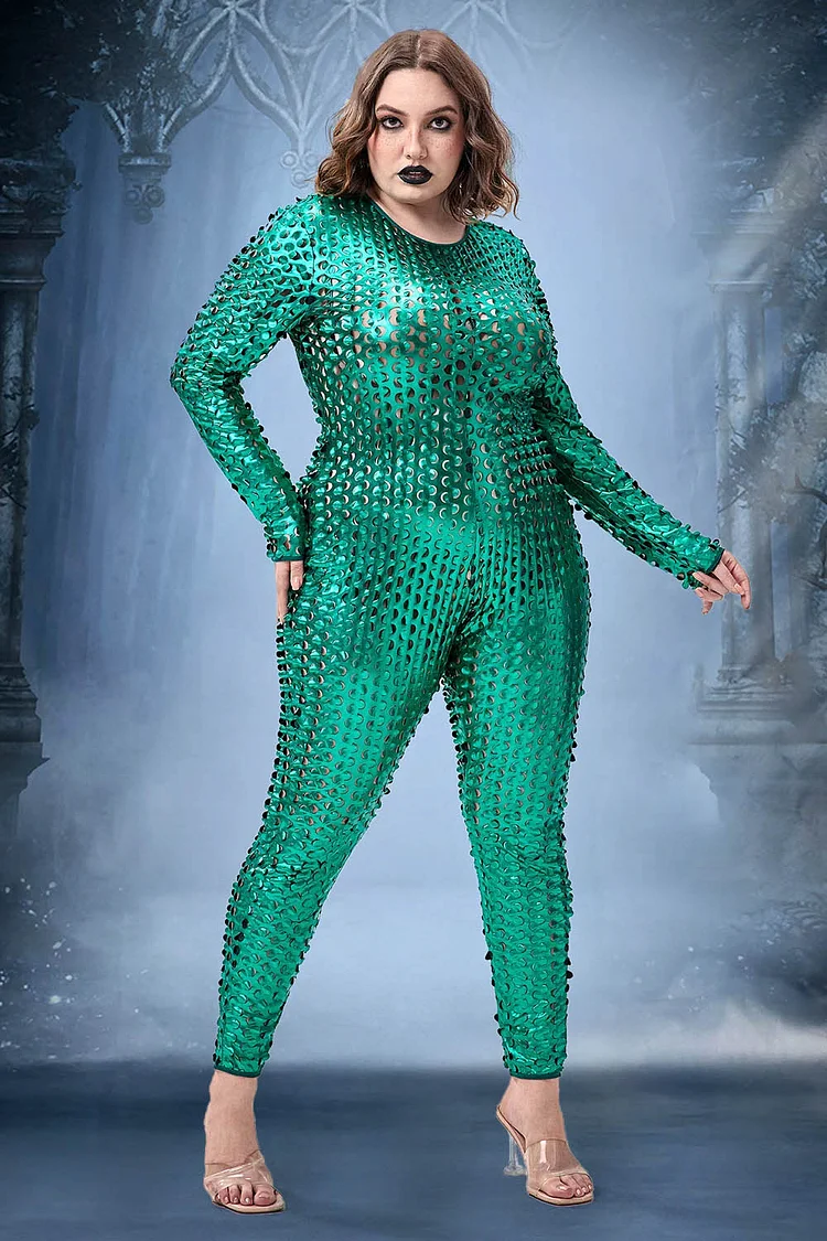 Xpluswear Design Plus Size Casual Halloween Costume Green Metallic Long Sleeve Jumpsuit 