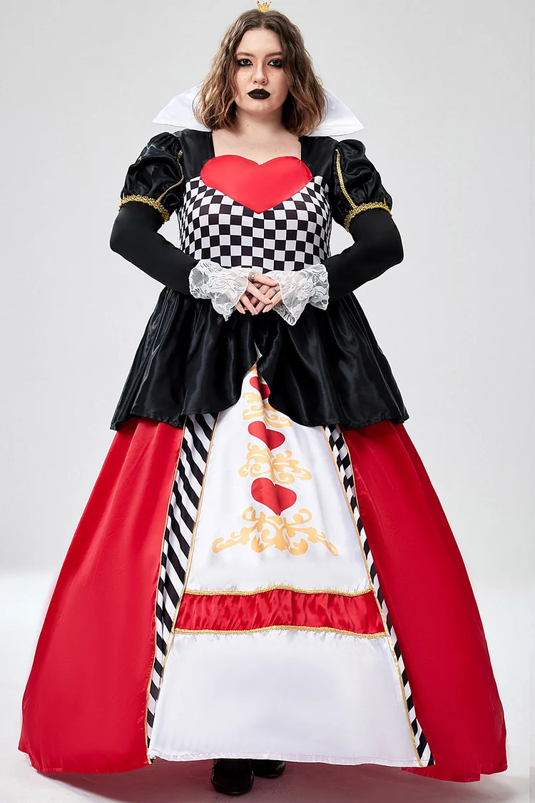 Xpluswear Design Plus Size Halloween Costumes Cosplay Queen Of Hearts Checkered Print Lace Puff Sleeves Maxi Dress (Without Crown)