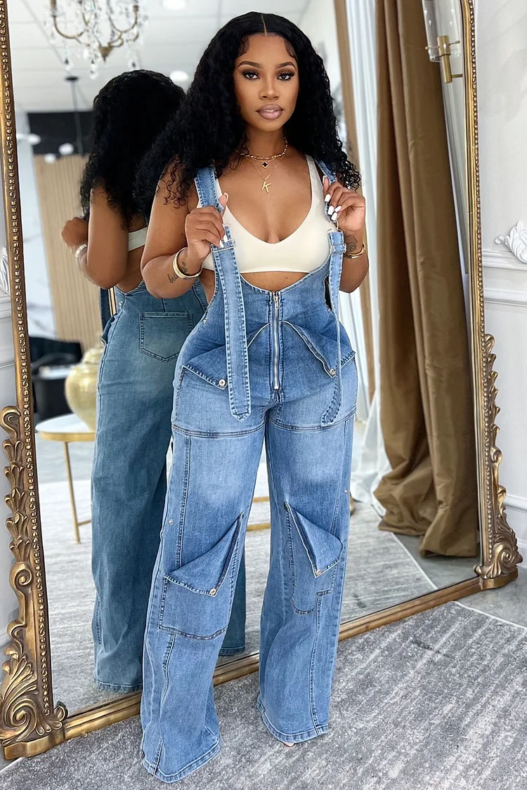 Zip-Up Pockets Daily Washed Denim Wide Leg Overalls-Blue