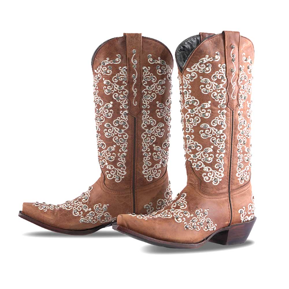 Tan Rhinestone Snip Toe Mid-Calf Cowgirl Boots with White Embroidery Nicepairs