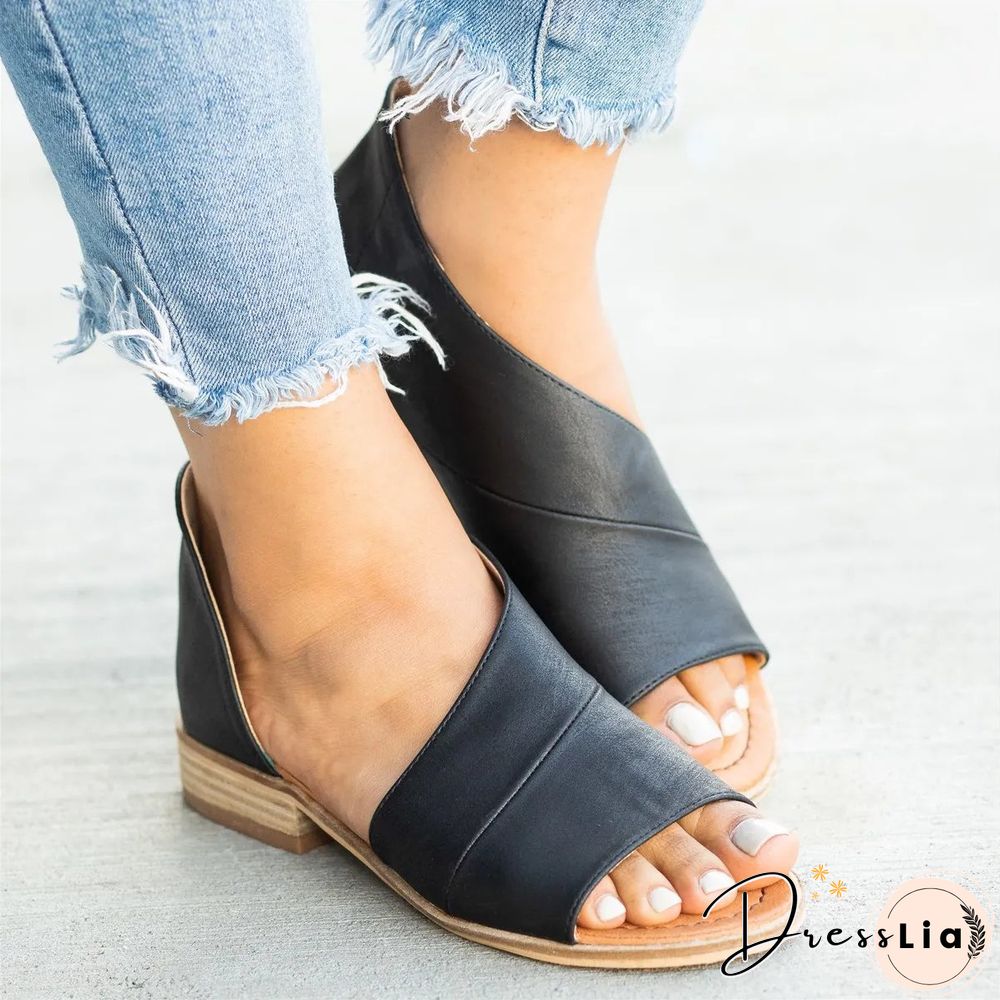 Women Peep Toe Side-cut Style Stacked Heel Flat Sandals