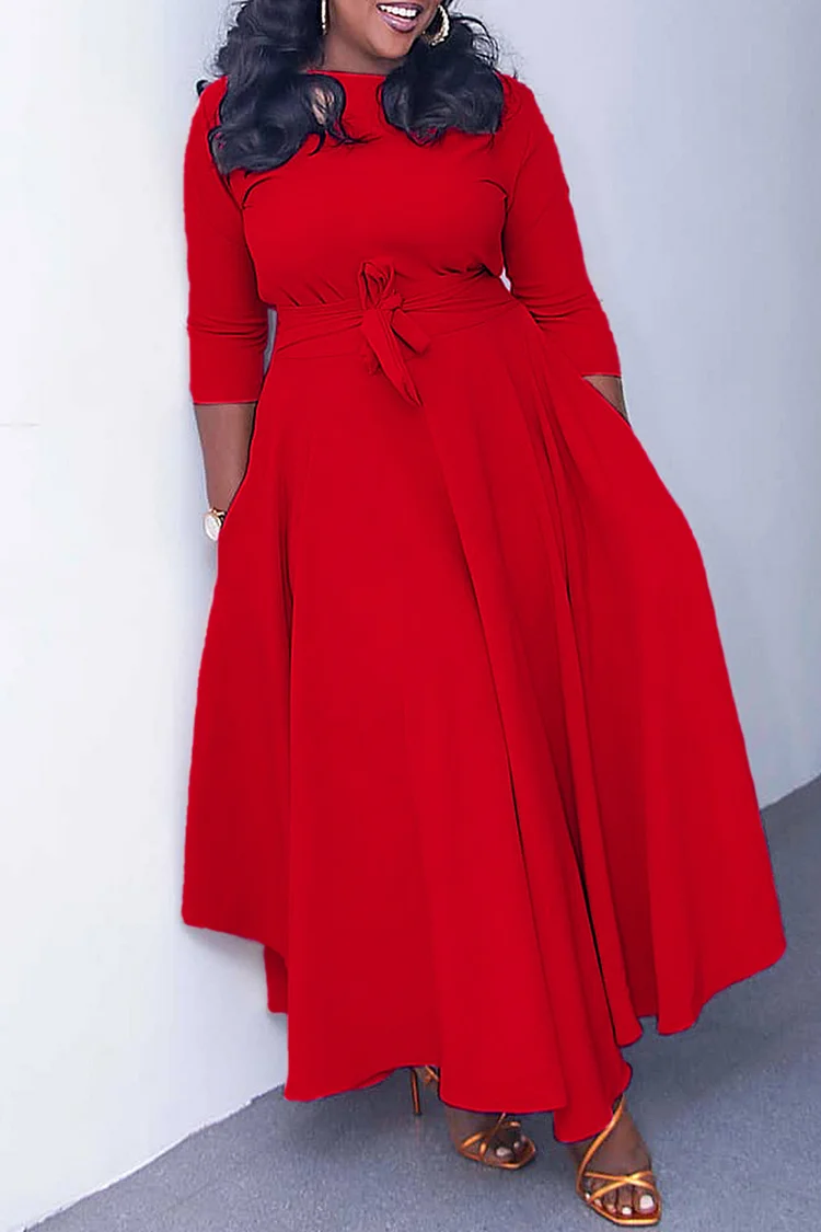 Xpluswear Plus Size Red Casual Round Neck With Pocket Wrap Maxi Dress