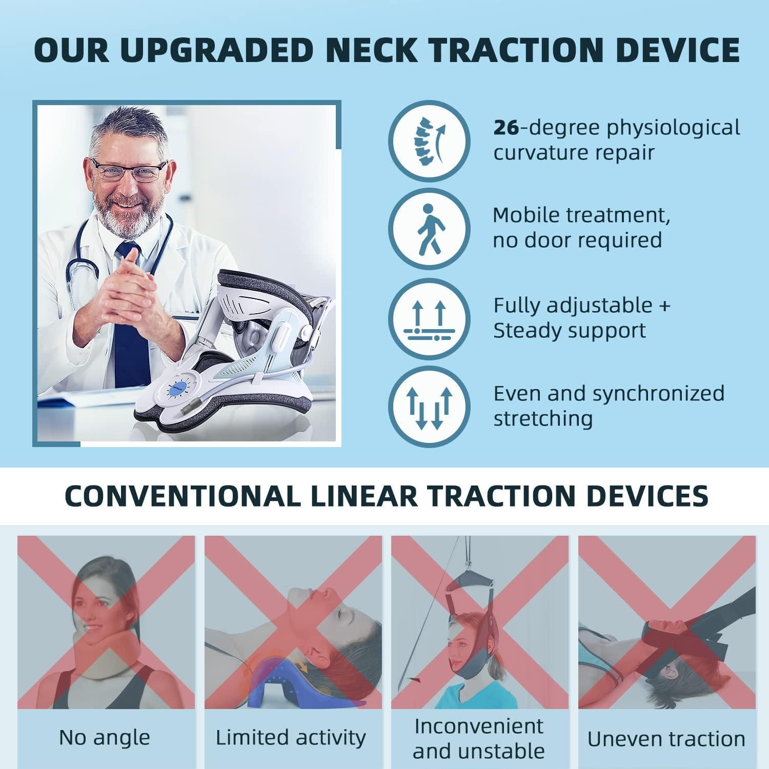 A modern cervical traction device designed to provide neck pain relief. The Cervitrax Gen-2 features an ergonomic design with adjustable straps, comfortable padding, and an easy-to-use inflation pump. The device is shown in use, supporting the user's neck and gently stretching the cervical spine for therapeutic benefits.