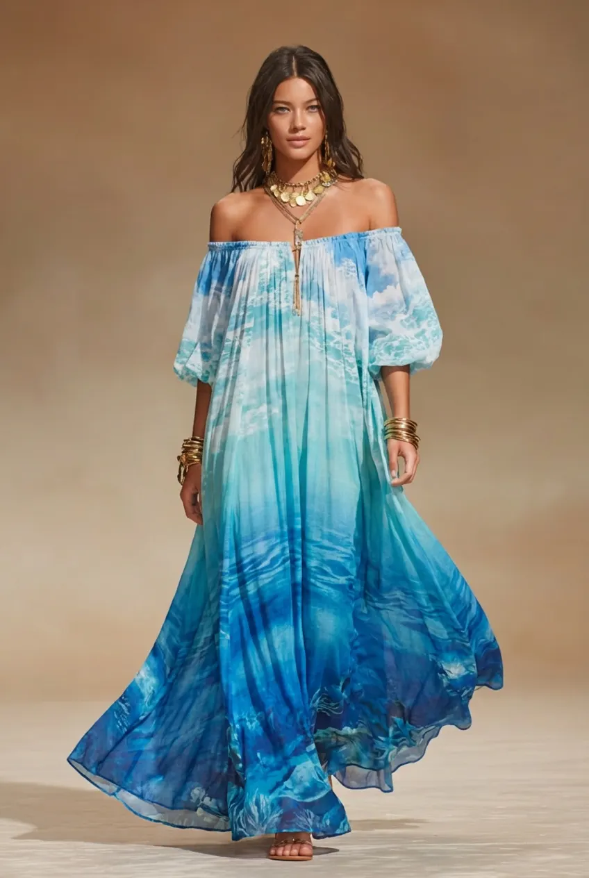 Selvane boho ocean print off-shoulder maxi dress orange