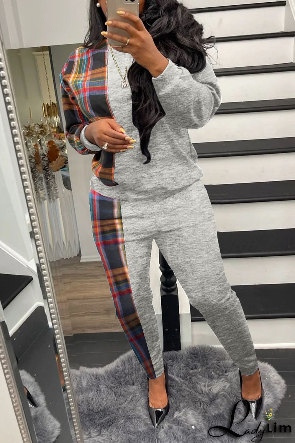 Grey Casual Plaid Print Patchwork O Neck Long Sleeve Two Pieces