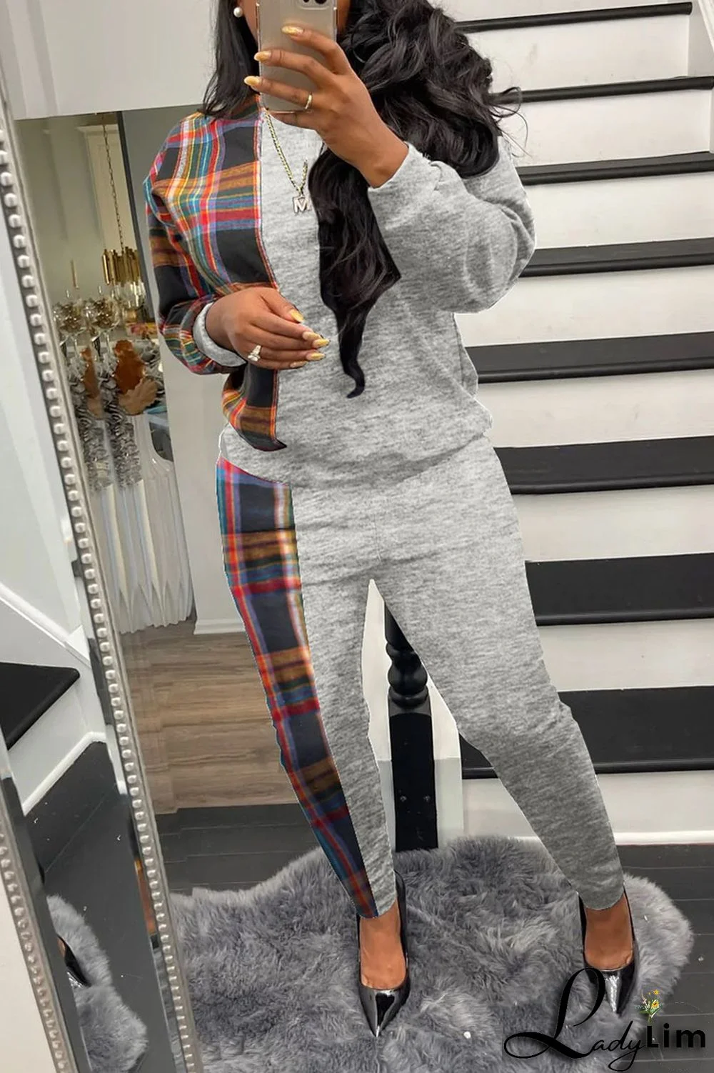 Grey Casual Plaid Print Patchwork O Neck Long Sleeve Two Pieces