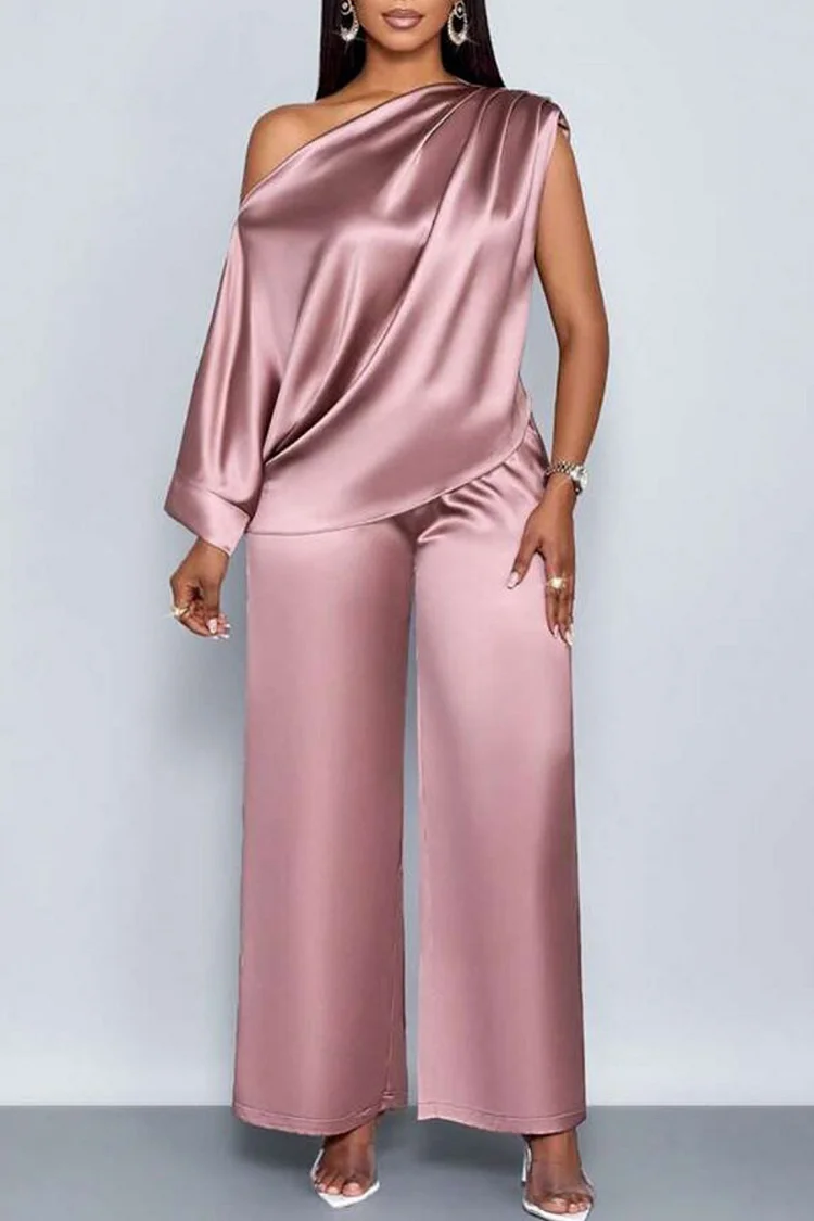 Plus Size Business Casual Pink Elegant Oblique Collar Short Sleeve Pocket Satin Two Piece Pant Sets [Pre-Order]