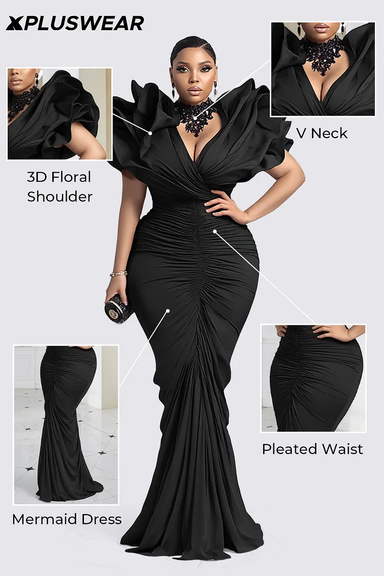 Xpluswear Design Plus Size Formal Black V Neck 3D Elegant Bodycon Maxi Dresses [Pre-Order]