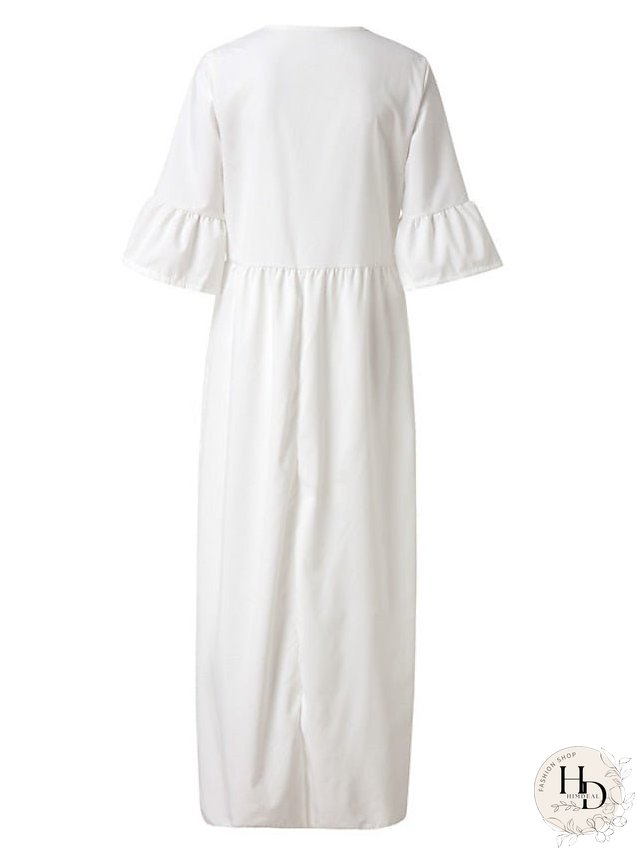 Casual Dress Swing Dress White Dress Long Dress Maxi Dress Black Blue Wine Half Sleeve Floral Ruffle Fall Spring Autumn V Neck Loose Fit S M L XL XXL for Women