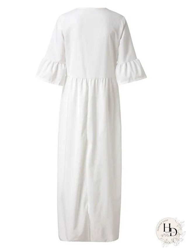 Casual Dress Swing Dress White Dress Long Dress Maxi Dress Black Blue Wine Half Sleeve Floral Ruffle Fall Spring Autumn V Neck Loose Fit S M L XL XXL for Women