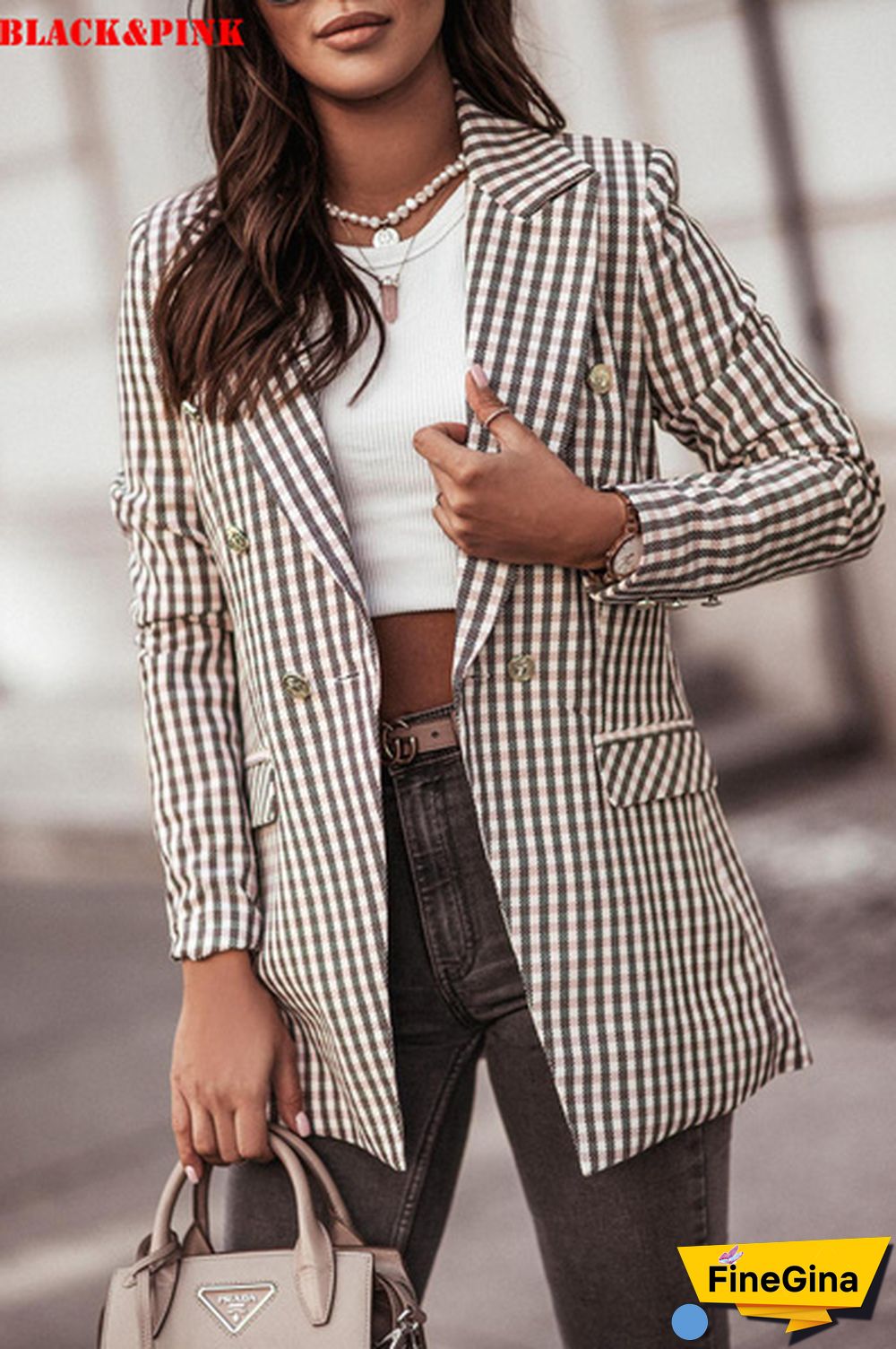 Autumn And Winter New Ladies Double-Breasted Plaid Long-Sleeved Printed Temperament Blazer