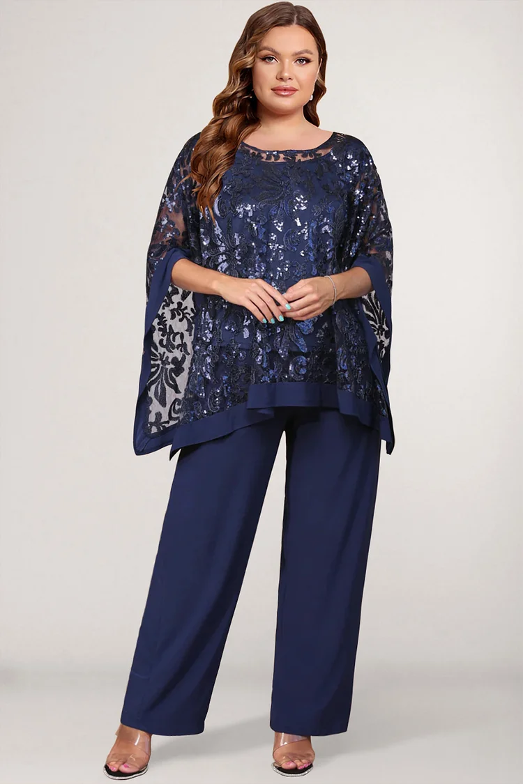 Flycurvy Plus Size Mother Of The Bride Navy Blue Chiffon Sparkly Shawl Three Piece Pant Suits  Flycurvy [product_label]