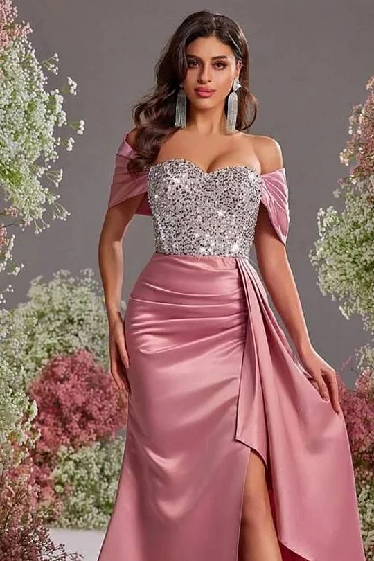 Stunning Off the Shoulder Dusty Rose Satin Strapless Long Sequins Prom Dress with Split | MS0805