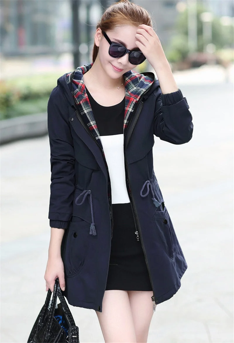 Medium Long Plus Size Trench Coat Women New 2020 Spring Autumn Hooded Zipper Loose Female Windbreaker Fake Two Pieces Outerwear