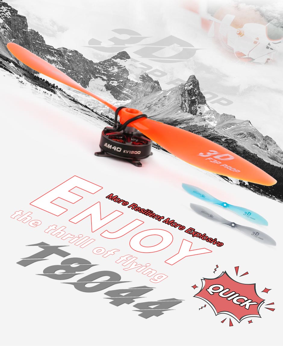 T-Motor T8044 Plastic Propeller, Orange T-Motor T8044 plastic 3-blade drone propeller mounted on a motor, with additional prop colors shown