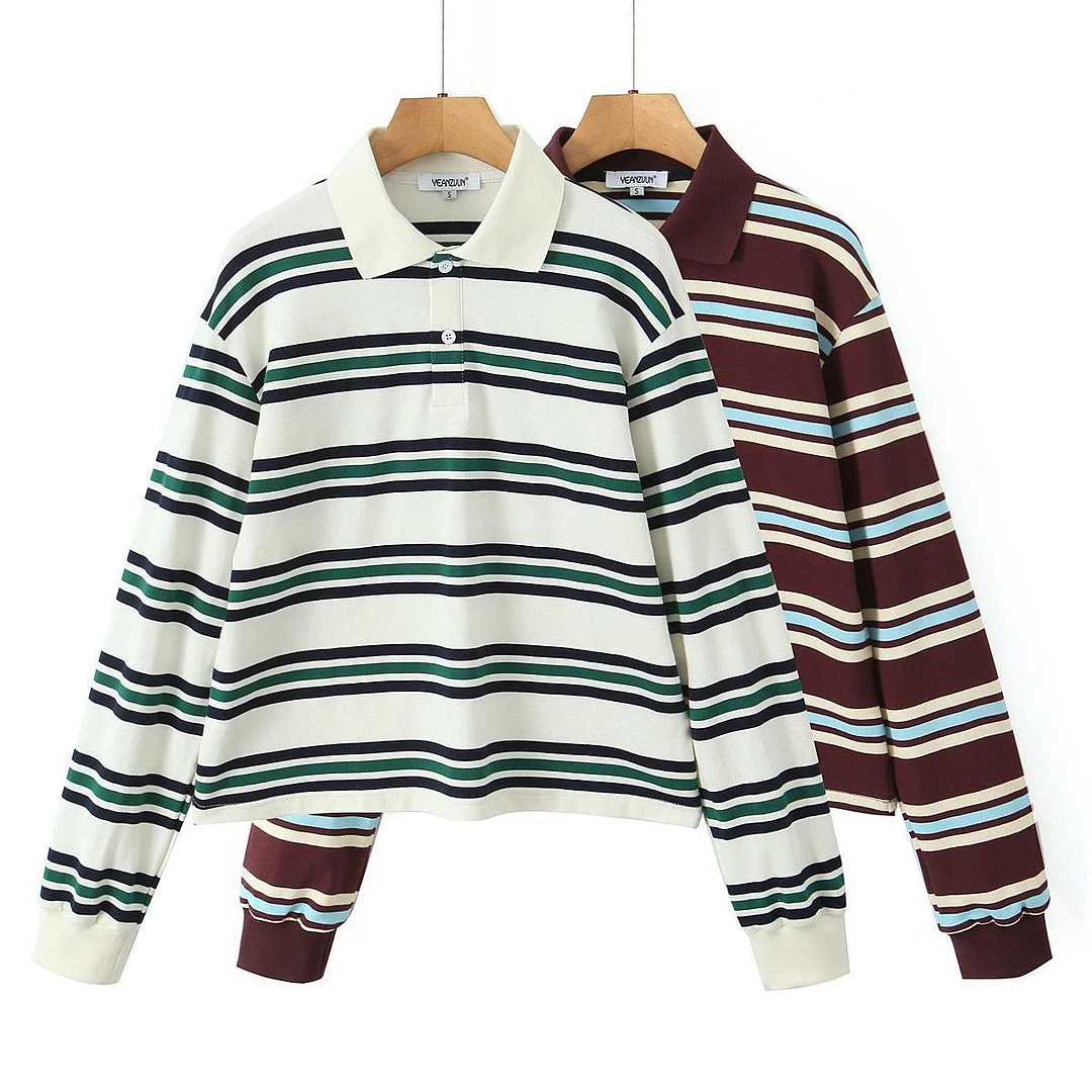 Nigikala Nigikala Autumn New Women's College Style Bumpy Horizontal Striped POLO Shirt Long-Sleeved T-Shirt Girl