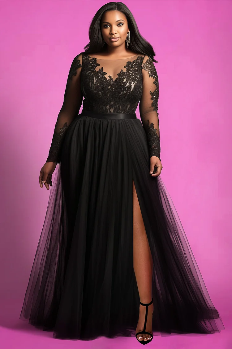 Xpluswear Design Plus Size Formal Black V Neck Long Sleeve Split See Through Tulle Maxi Dresses [Pre-Order]