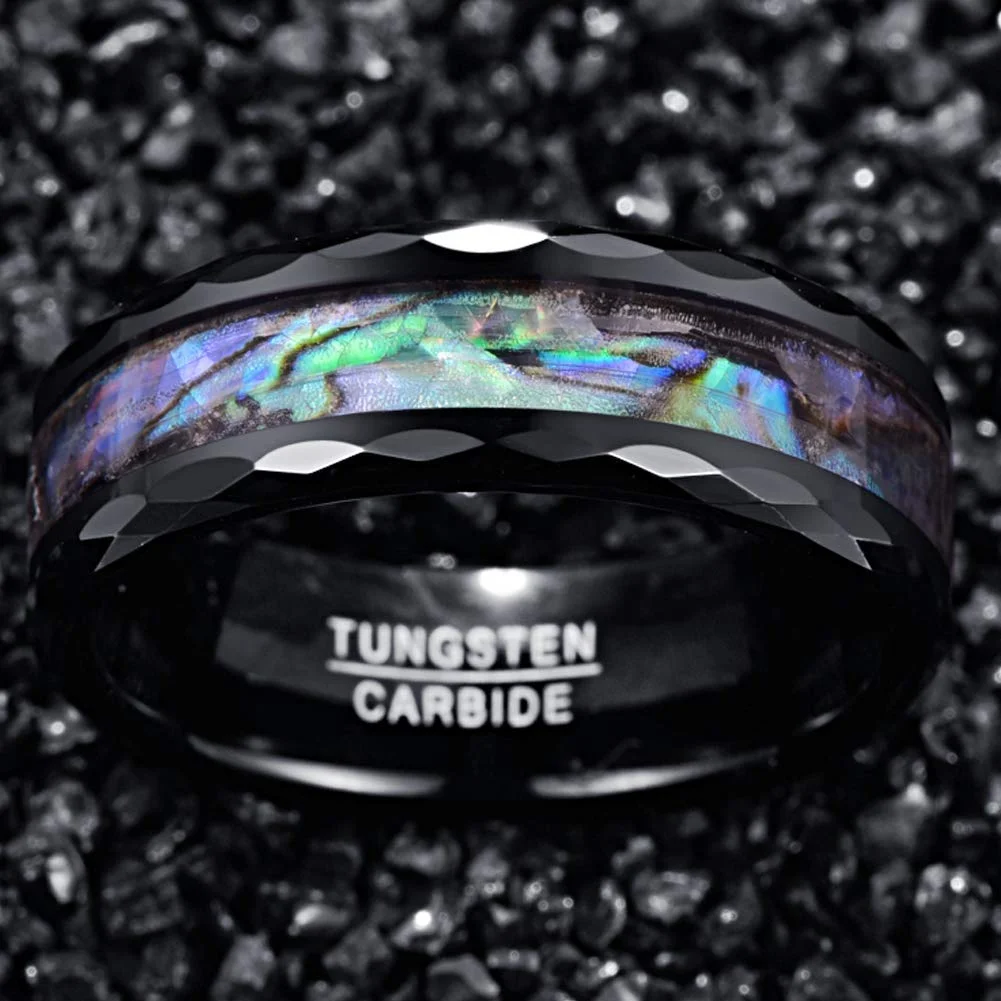 8MM Men Women Black Abalone Shell Tungsten Carbide Unisex Wedding Bands Faceted Edge Comfort Fit Couple