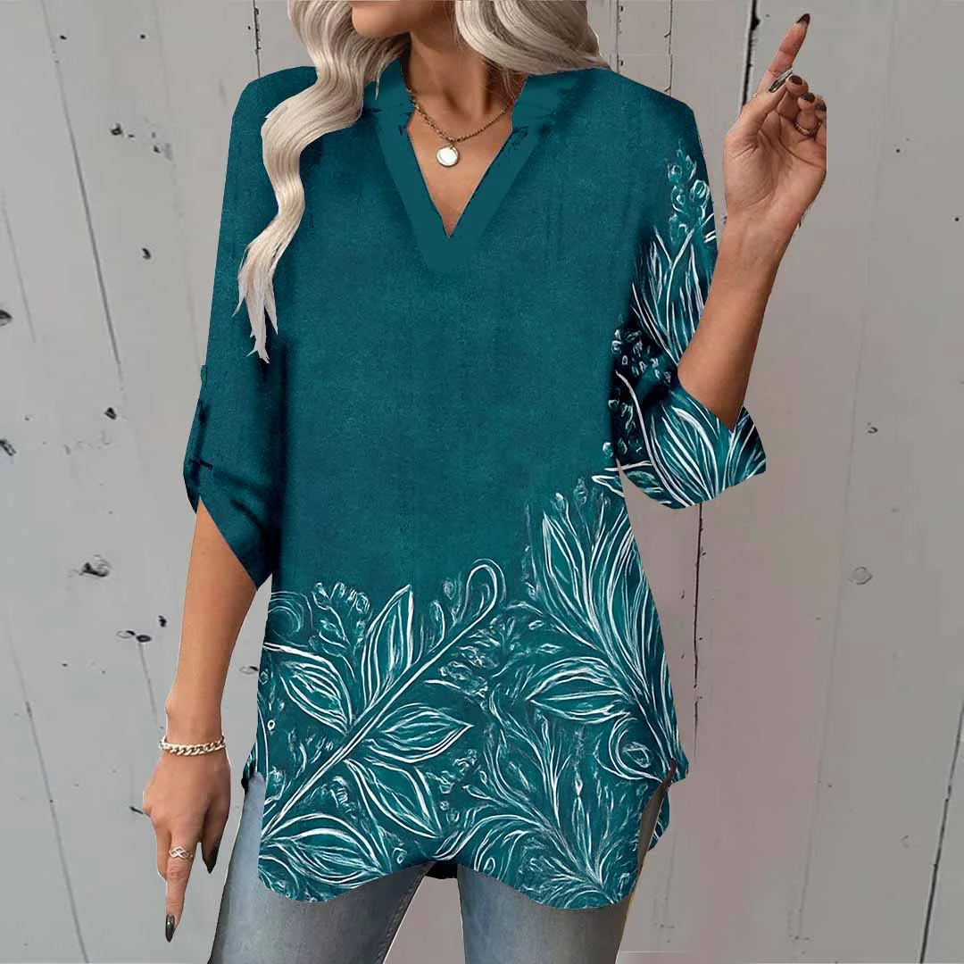 Women Floral, Green DZGA0045 3/4 Sleeve V-neck Printed Graphic Button Tops