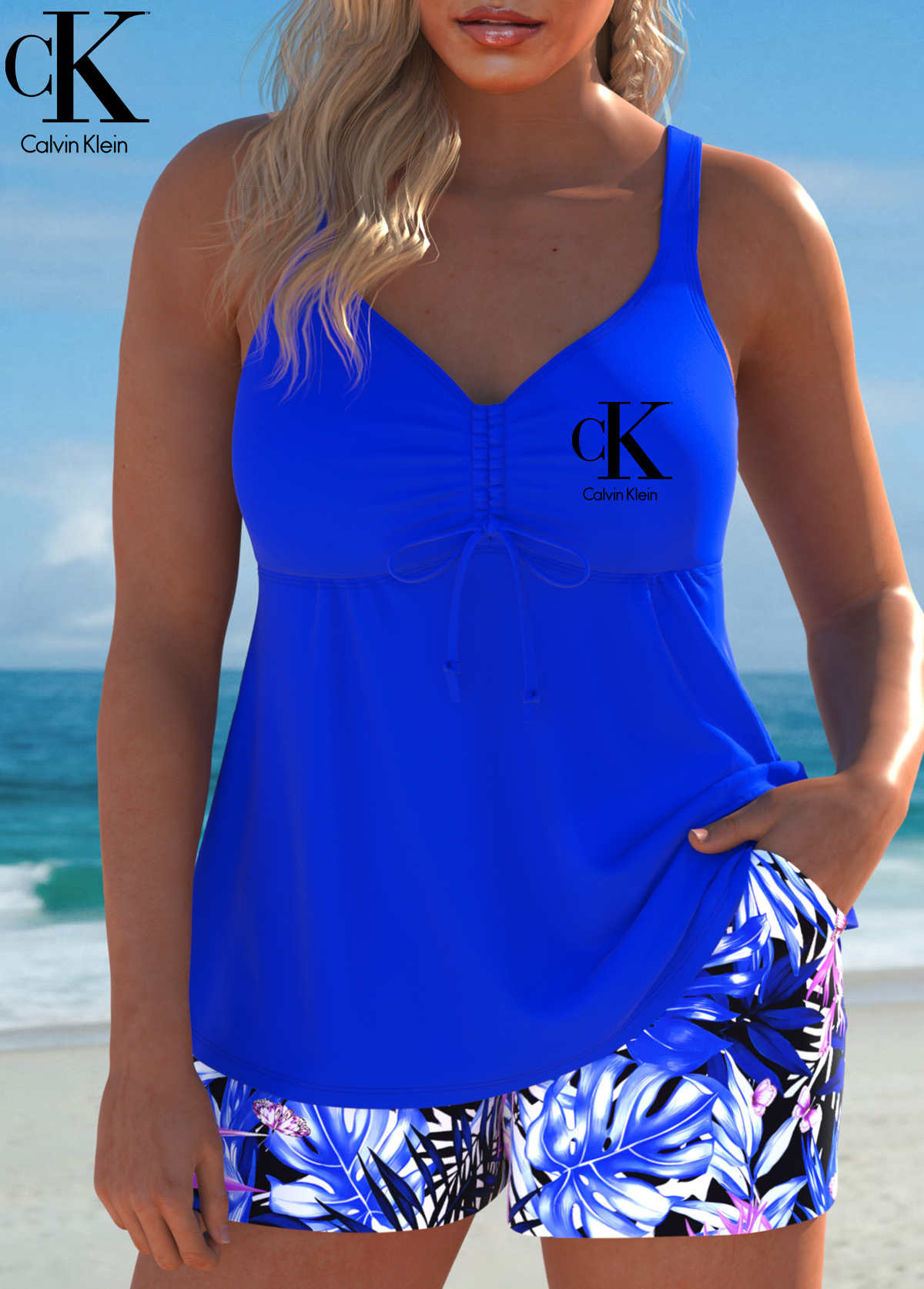 Conjunto de biquíni CK®Royal Blue Tropical Floral com cordão, fato de banho para mulher