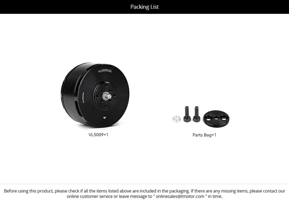 VL5009 VTOL Propulsion System Packing List