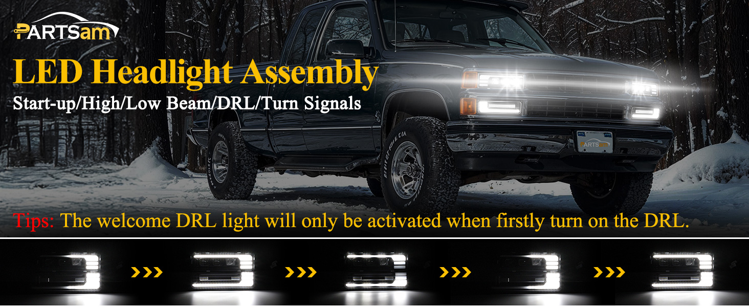 88-98 Silverado C K 1500 2500 3500 LED Headlights Assembly DOT Start Animation DRL Sequential Turn