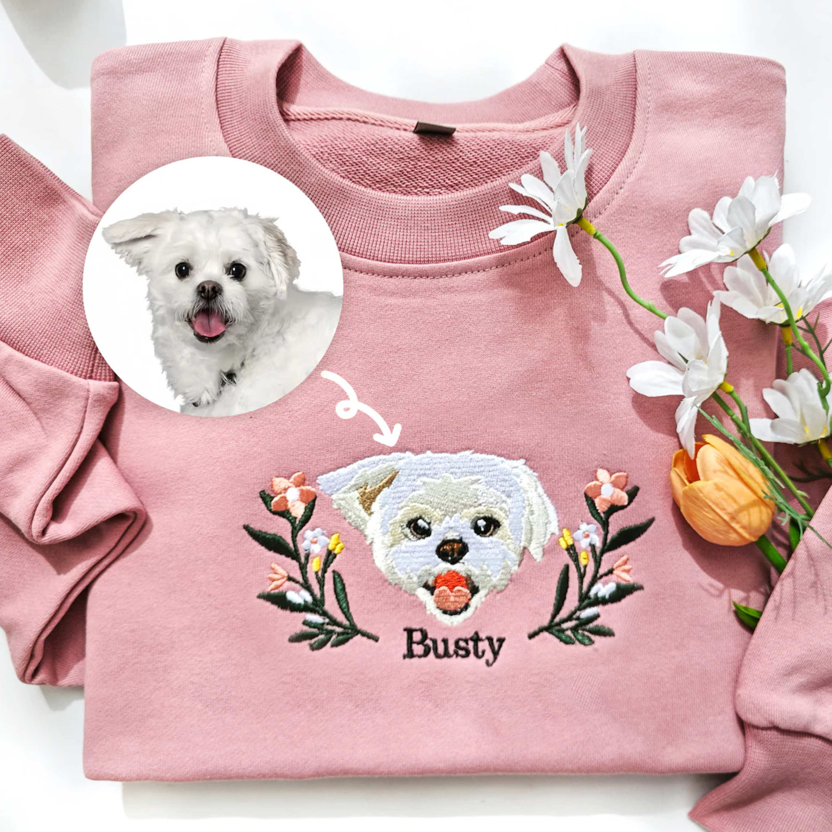 Loveyoufancy Custom Embroidered Hoodie/Sweatshirt With Pet Portrait  Flower