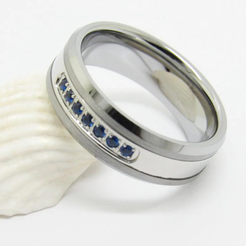 6MM 8MM Mens Tungsten Carbide Rings White Tungsten Carbon Fiber Polished Beveled Edge CZ Stone Channel