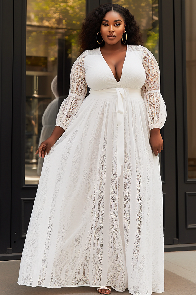 Xpluswear Design Plus Size Formal Elegant White V Neck Lantern Sleeve Long Sleeve See Through Lace Maxi Dresses [Pre-Order]