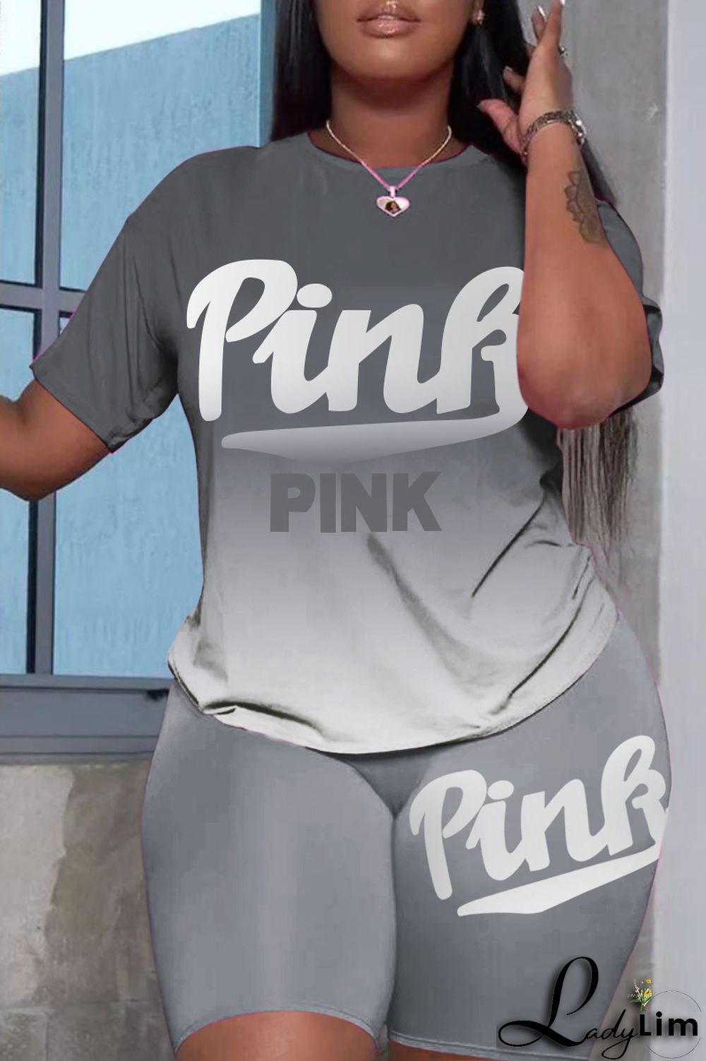 Green Fashion Casual Gradual Change Letter Print Basic O Neck Short Sleeve Two Pieces