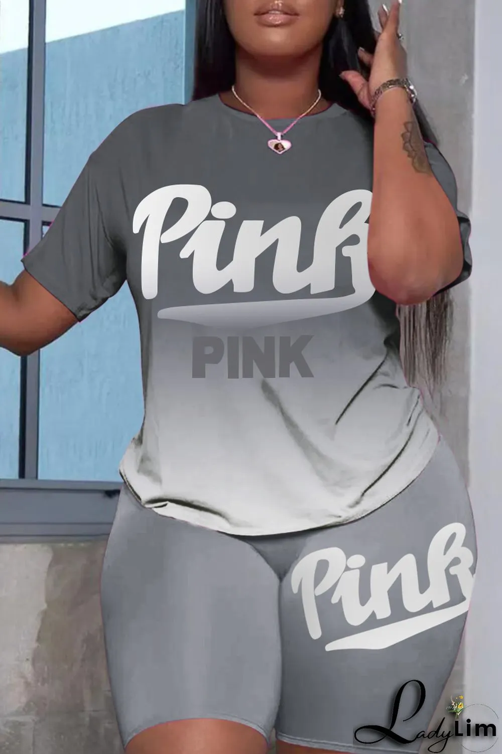 Green Fashion Casual Gradual Change Letter Print Basic O Neck Short Sleeve Two Pieces