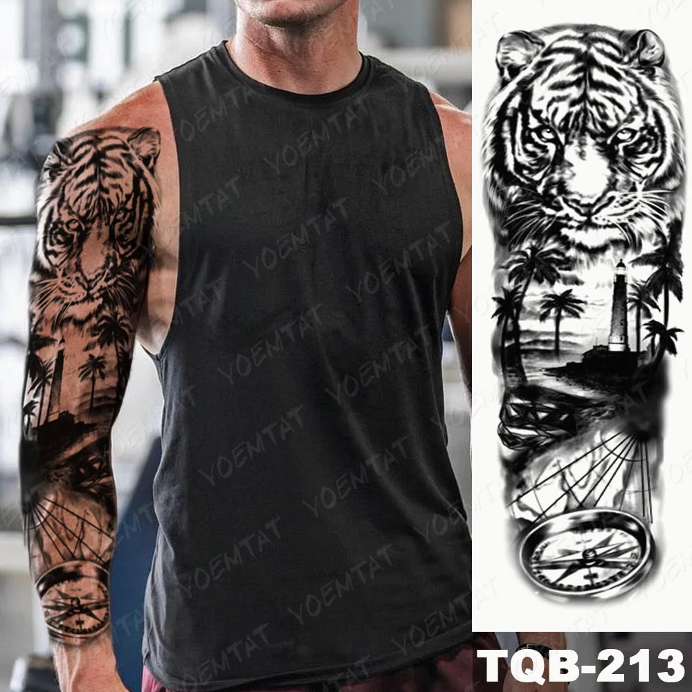 Large Arm Sleeve Tattoo Lion Cross Prayer Waterproof Temporary Tatto Sticker Tiger Beach Compass Body Art Full Fake Tatoo Men