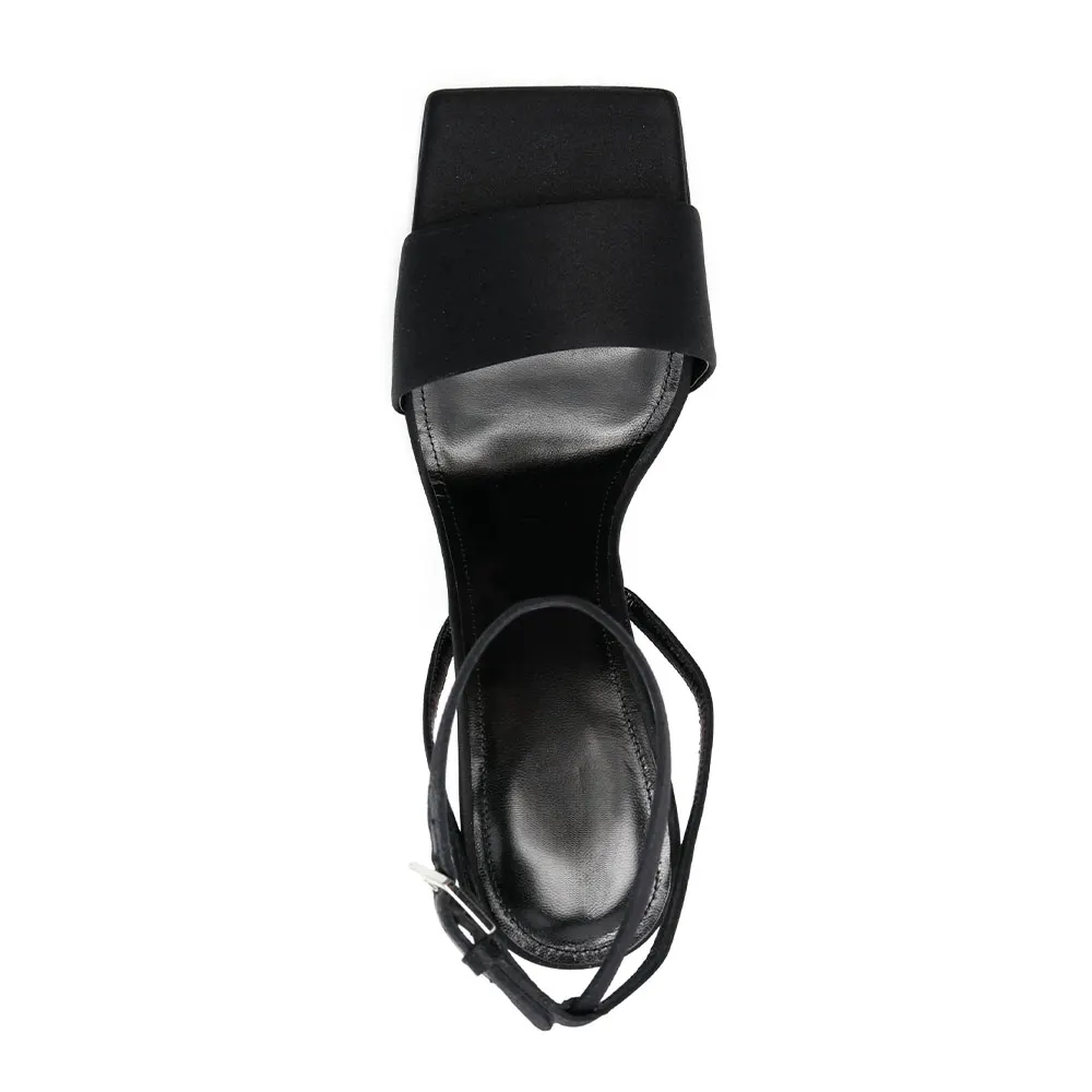 Women's Black Square Toe Sculptural Heel Ankle Strap Summer Sandals