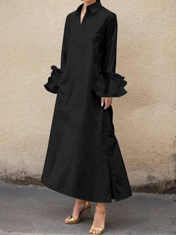 A-Line Maxi Dress with Flared Sleeves, Buttoned Split-Joint Lapel ...